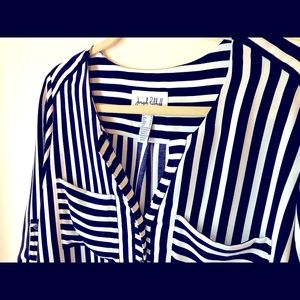 Cream and Navy Stripe Joseph Ribkoff top with silver shimmer and 3/4 sleeves